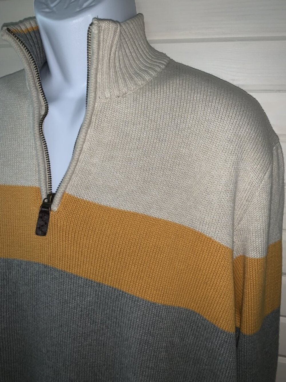 Eddie Bauer Sz XL 1/4 Zip Color Block Stripe Cotton Sweater Mock Neck Gray EUC
